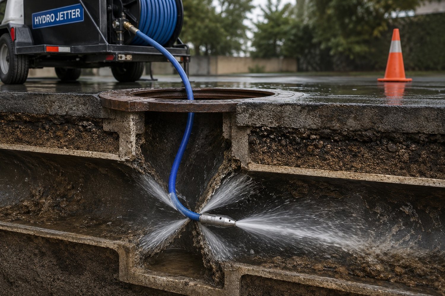 Hydro jetter blasting a sewer line clean